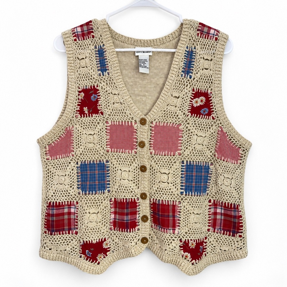 Koret City Blues M Crochet Patchwork Vest Ramie Cotton Cottagecore Boho 70s